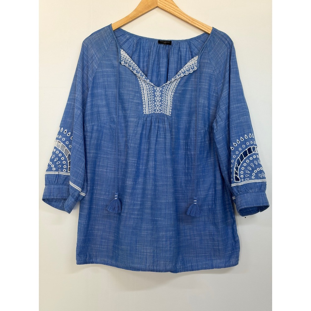 Talbots Plus Blue Embroidered Tunic Top Cotton Boho Tassel Size Tag Removed